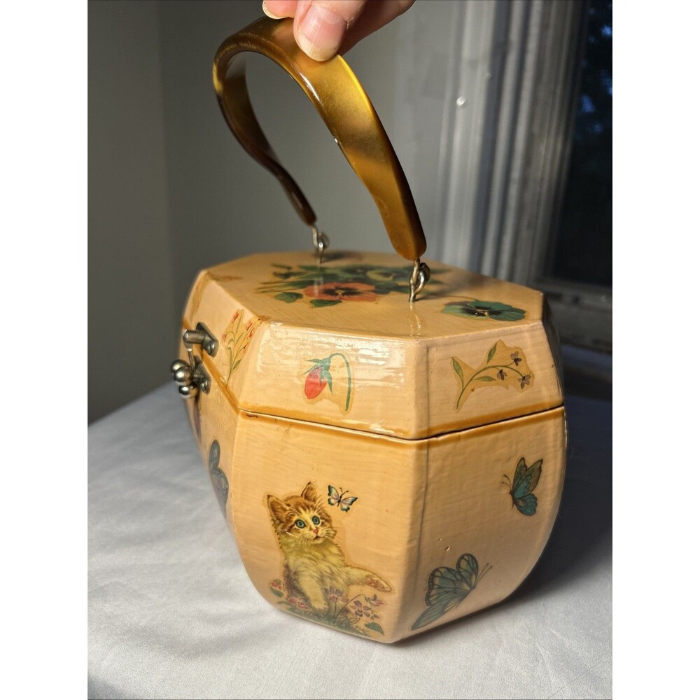 Vintage Kitten & Butterfly Wooden Octagon Decoupage Box Purse Bag Lucite Handle